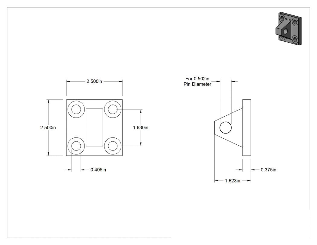 Teknik Çizim - Hidrolik Silindirler için Paslanmaz Çelik Pivot Braketi, 1/2" Pim Çapı için