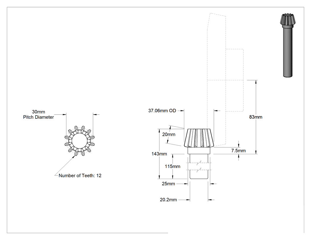 Teknik Çizim - Metal Şaft Monteli Konik Pinyon, 20 mm Genişlik Yüzü