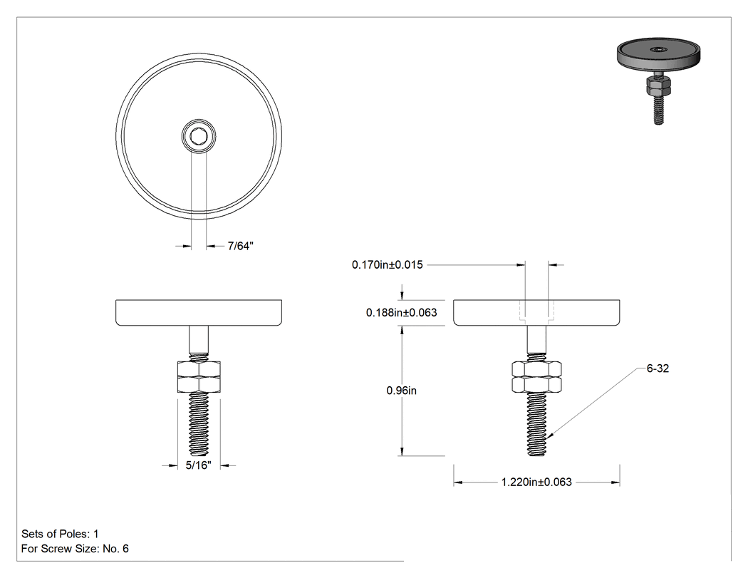 Teknik Çizim - Kapalı Seramik Mıknatıs, Dişsiz Delik, Çinko Kaplı Çelik Kasa, 3/16" Kalınlık, 1-15/64" Dış Çap
