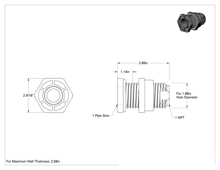 Teknik Çizim - EPDM Contalı Duvar Geçiş Düz Bağlantı Parçası, CPVC Adaptör, Sıcak Su için, 1 Dişi Soket x 1 NPT Dişi