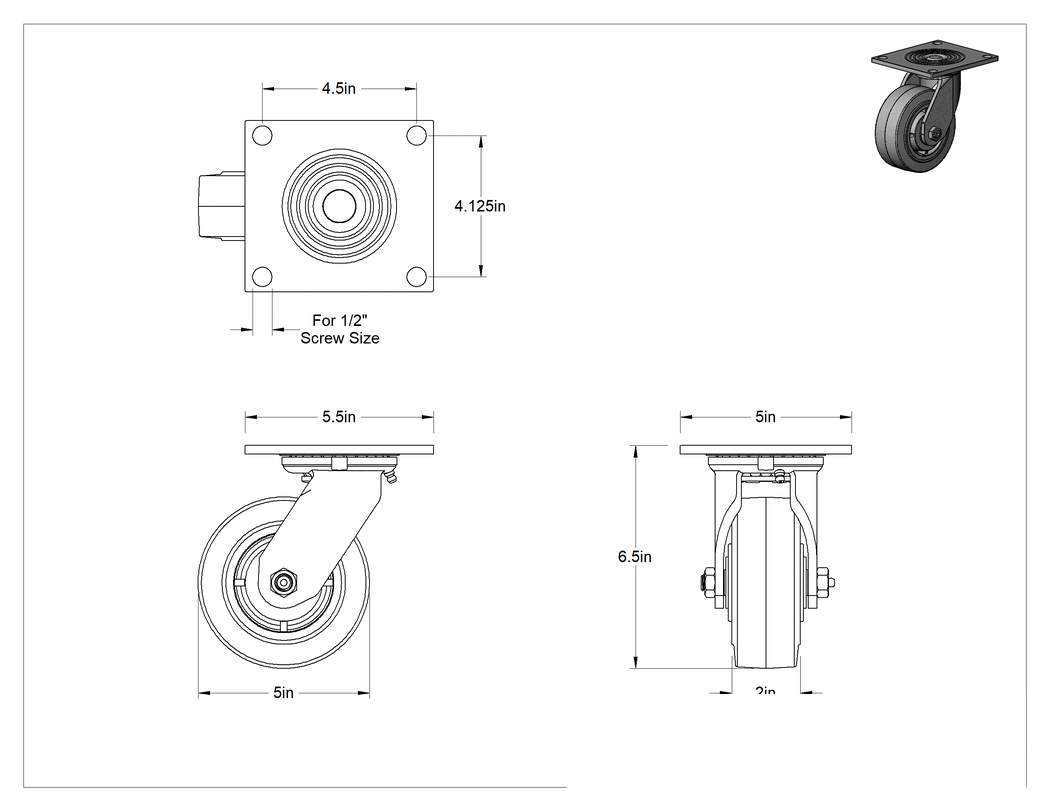 Teknik Çizim - 5-1/2" x 5" Montaj Plakalı Tekerlek, Samson, 5" Çaplı Gri Kauçuk Tekerlekli Döner