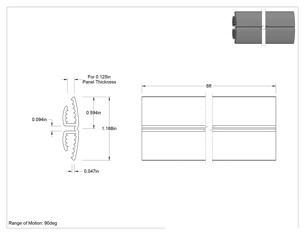 Teknik Çizim - Kaydırmalı Piyano Menteşesi, 1/8" Panel Kalınlığı için, Polipropilen, 1-3/16" Toplam Genişlik, Siyah