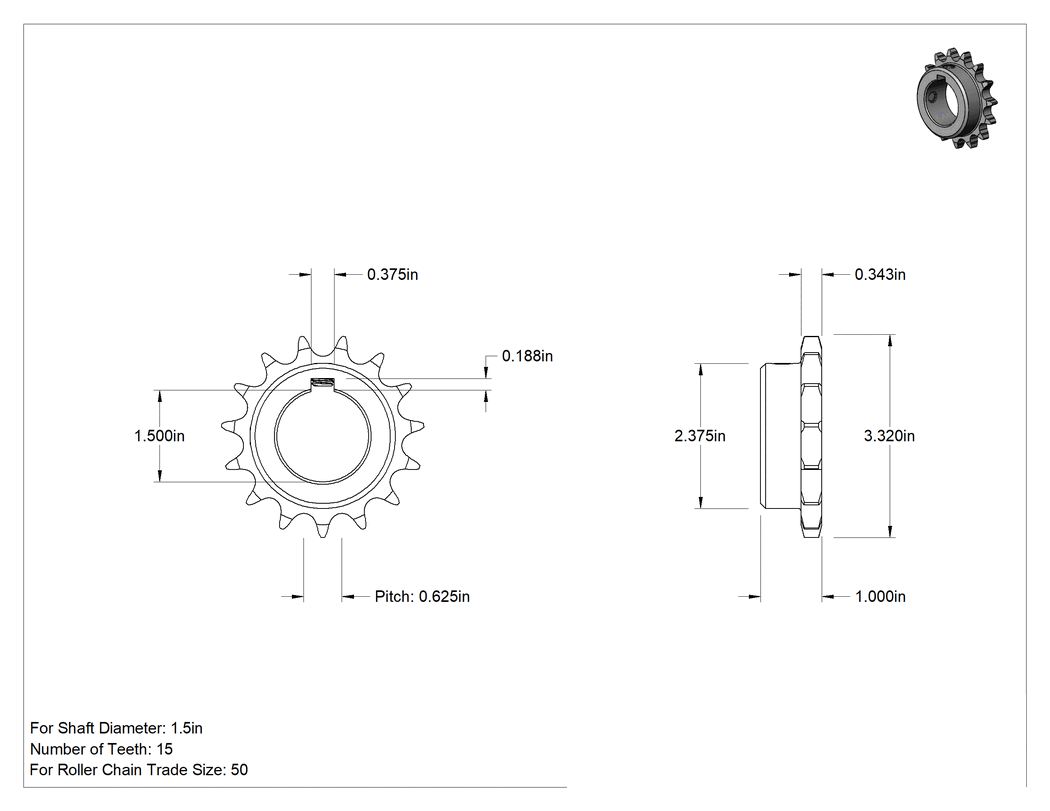 Teknik Çizim - Çelik Tek Sıralı Dişli, ANSI 50 Makaralı Zincir ve 1-1/2" Mil Çapı için, 15 Diş