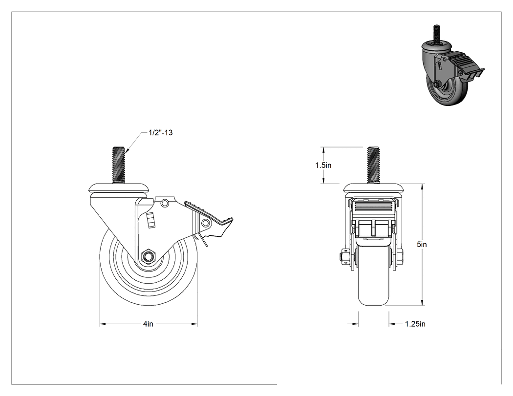 Teknik Çizim - Dişli Saplı Döner Tekerlek, Total Locklu, 1/2"-13 Diş, 4" Çaplı Poliüretan Tekerlek