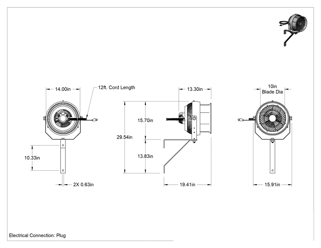 Teknik Çizim - Duvara Monte Jet-Stream Fan, 120V AC, 10" Bıçak Çapı