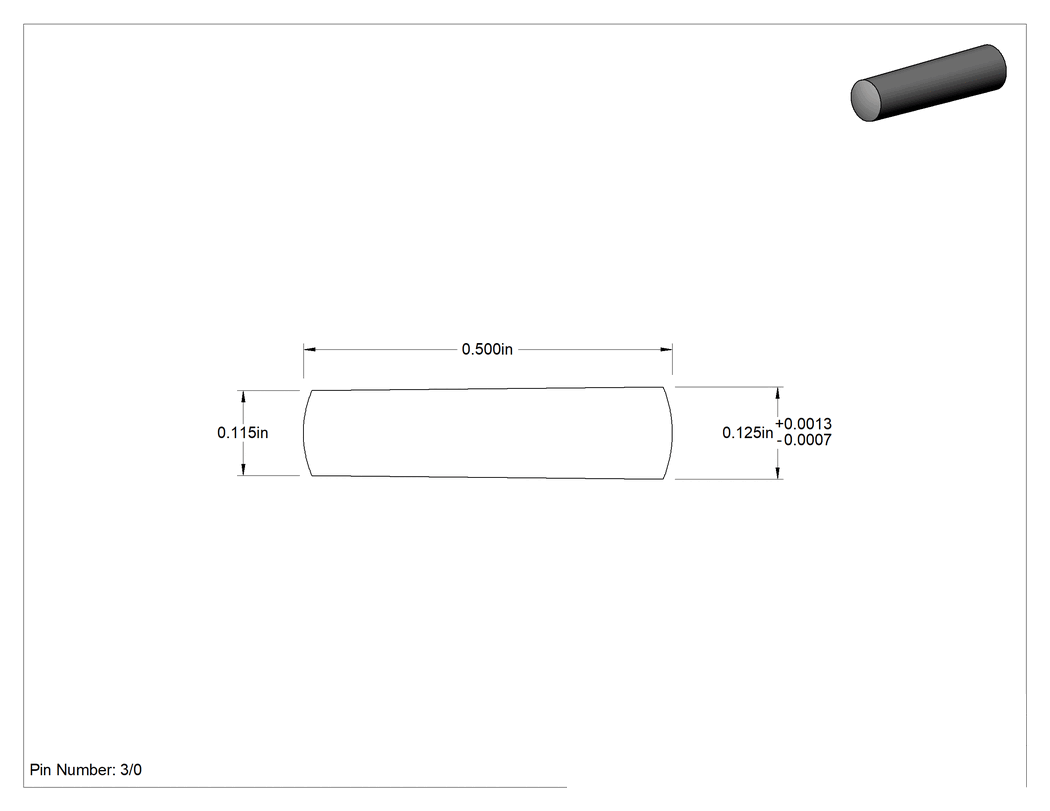 Teknik Çizim - 12L14 Karbon Çelik Konik Pim, Pim Numarası 3/0, 0.125" Büyük Uç Çapı, 1/2" Uzunluk