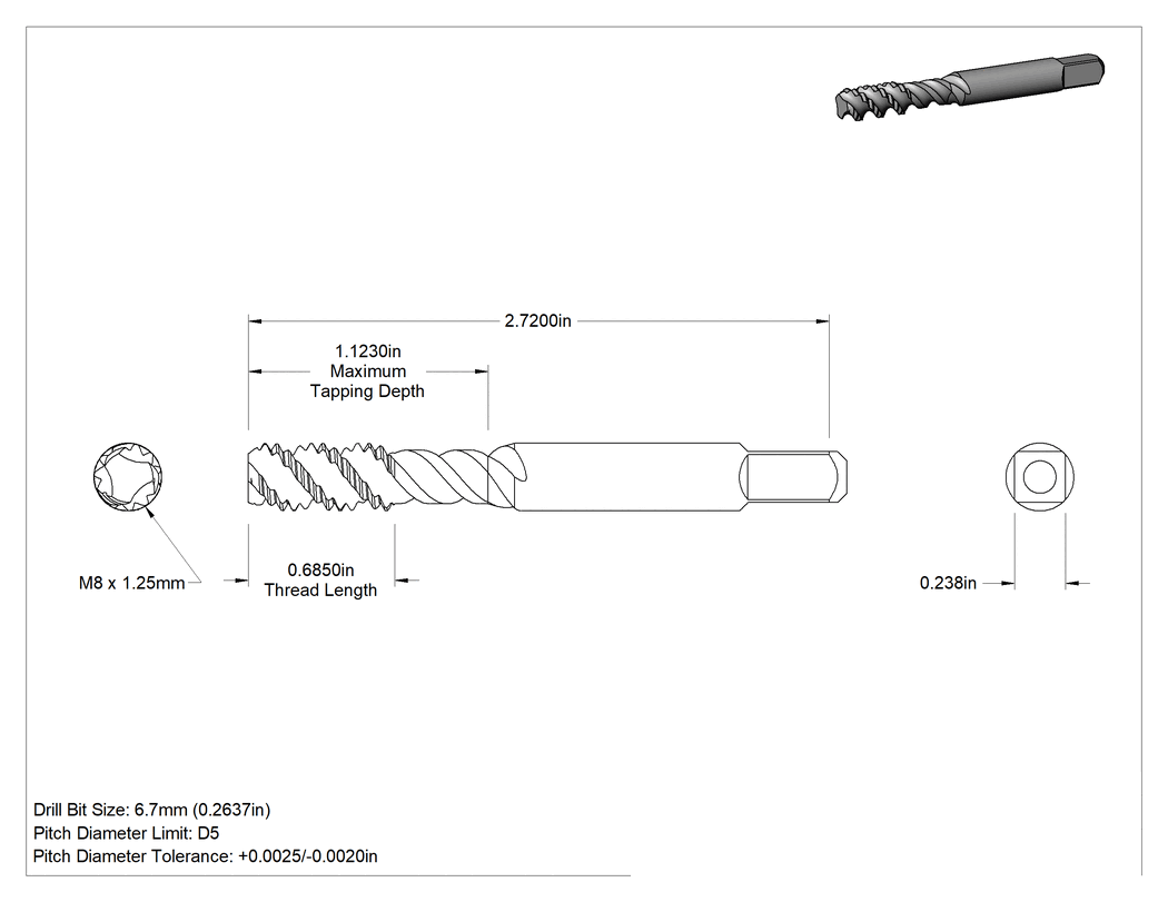 Teknik Çizim - Kör Delikler için Yüksek Hızlı Çelik Talaş Temizleme Koyma Ucu, Kaplamasız, Altta Tutma, M8 x 1.25 mm Boyut, 11/16" Diş Uzunluğu