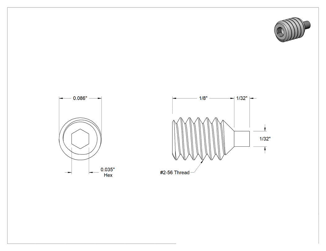 Teknik Çizim - 18-8 Paslanmaz Çelik Pirinç Uçlu Setskur, 2-56 Diş, 1/8" Uzunluk