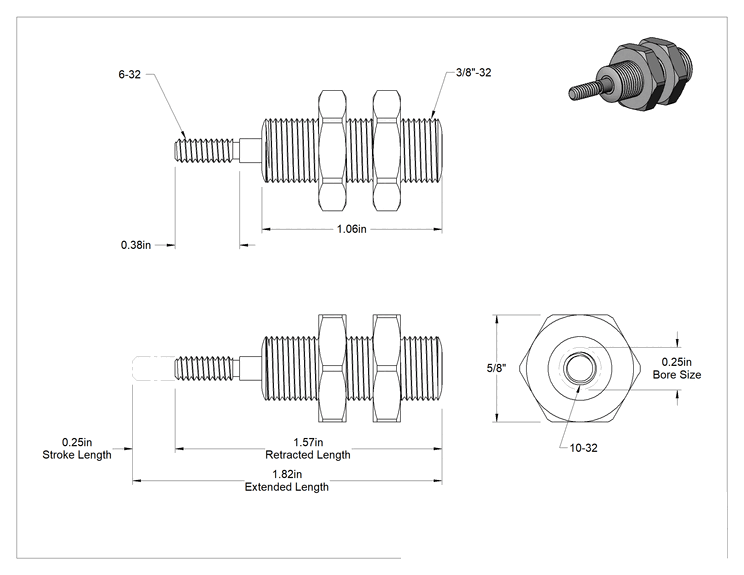 Teknik Çizim - Minyatür Dişli Gövdeli Hava Silindiri, Tek Etkili, 1/4" Delik, 3/8" Dış Çap, 1/4" Strok Uzunluğu