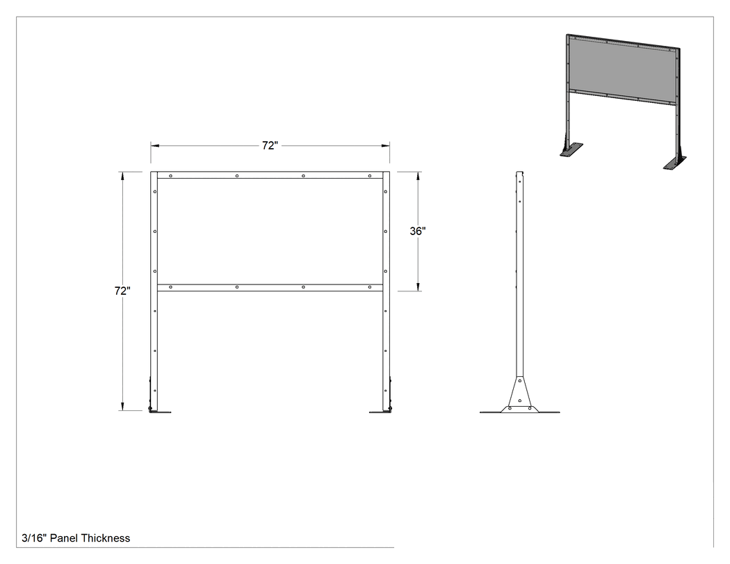 Teknik Çizim - Yüksek Görünürlüklü Şeffaf Bölme Paneli, 6 Fit Genişlik x 6 Fit Toplam Yükseklik, 36" Yükseklikli Panel