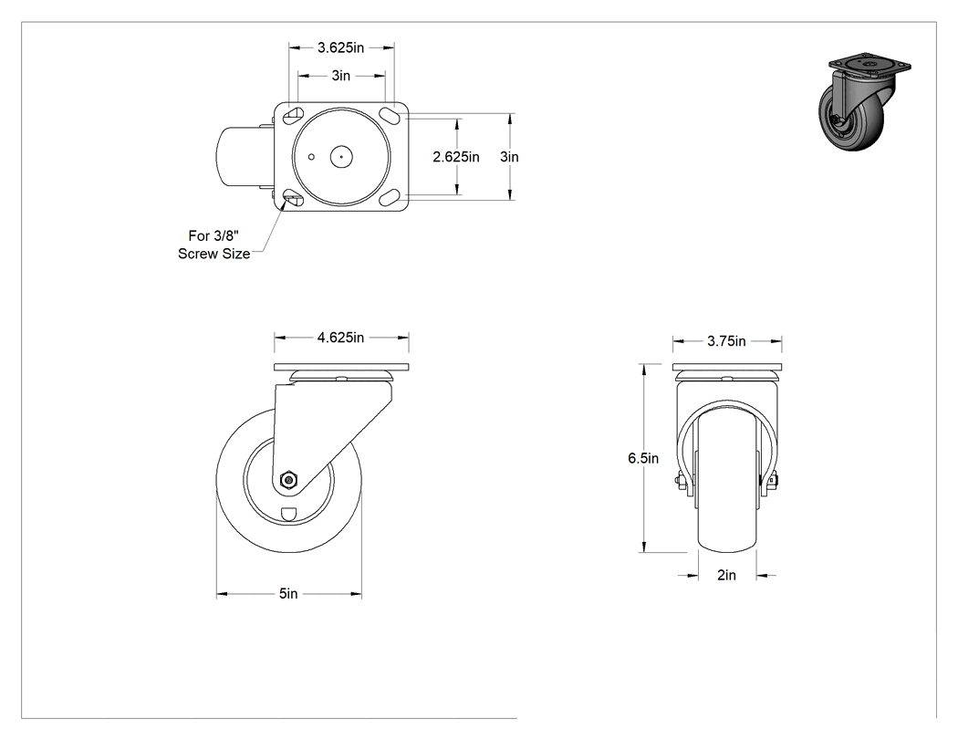Teknik Çizim - 4-5/8" x 3-3/4" Plakalı Kolay Dönen Tekerlek, Yüksek Kapasiteli, 5" Çaplı Kırmızı Poliüretan Tekerlekli Döner Tekerlek