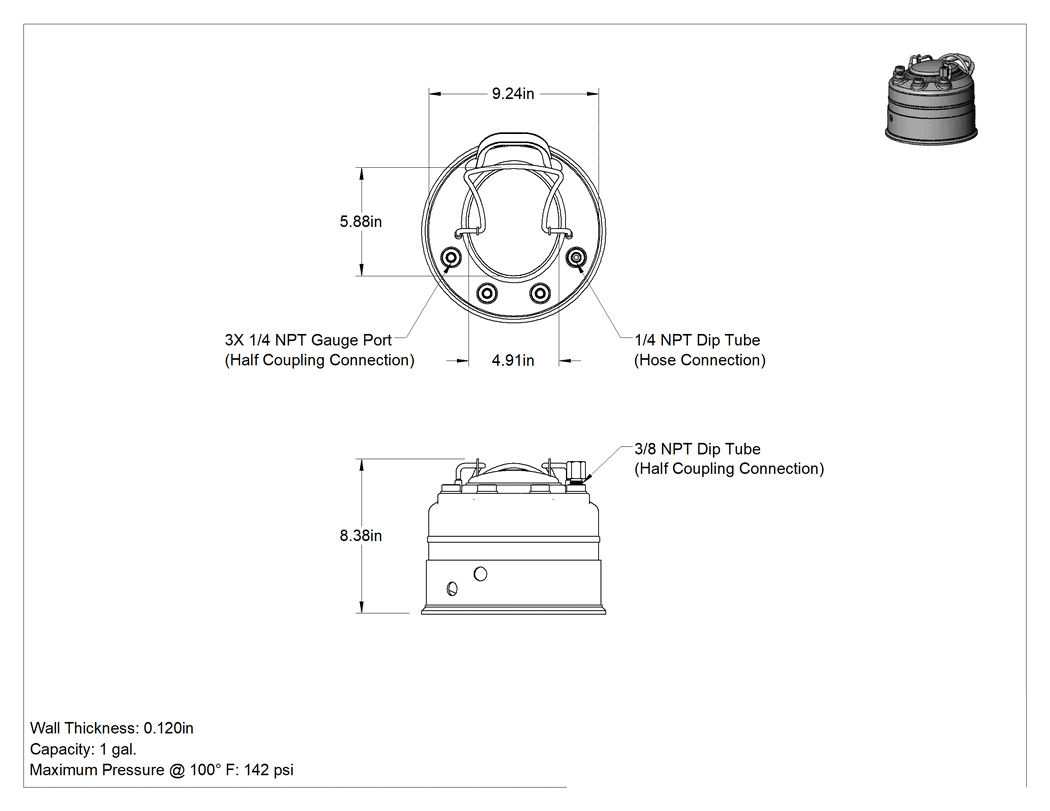 Teknik Çizim - Basınçlı Sıvı Dağıtım Tankları, Taşınabilir, 1 Galon Kapasite, Maksimum 142 PSI @ 100°F