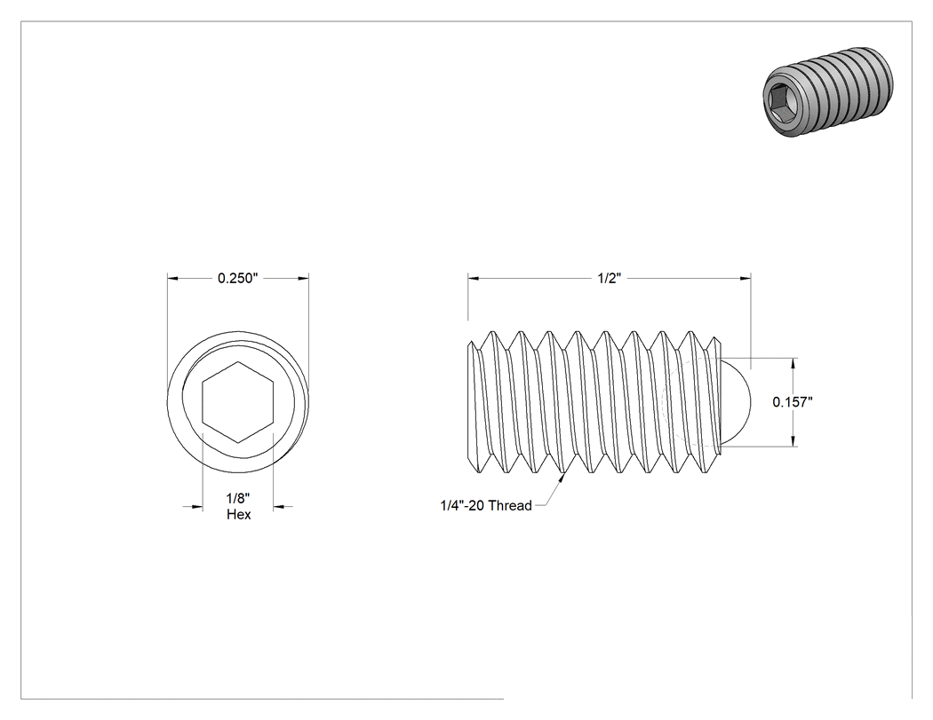 Teknik Çizim - 304 Paslanmaz Çelik Top Uçlu Setskur, 1/4"-20 Diş, 1/2" Uzunluk