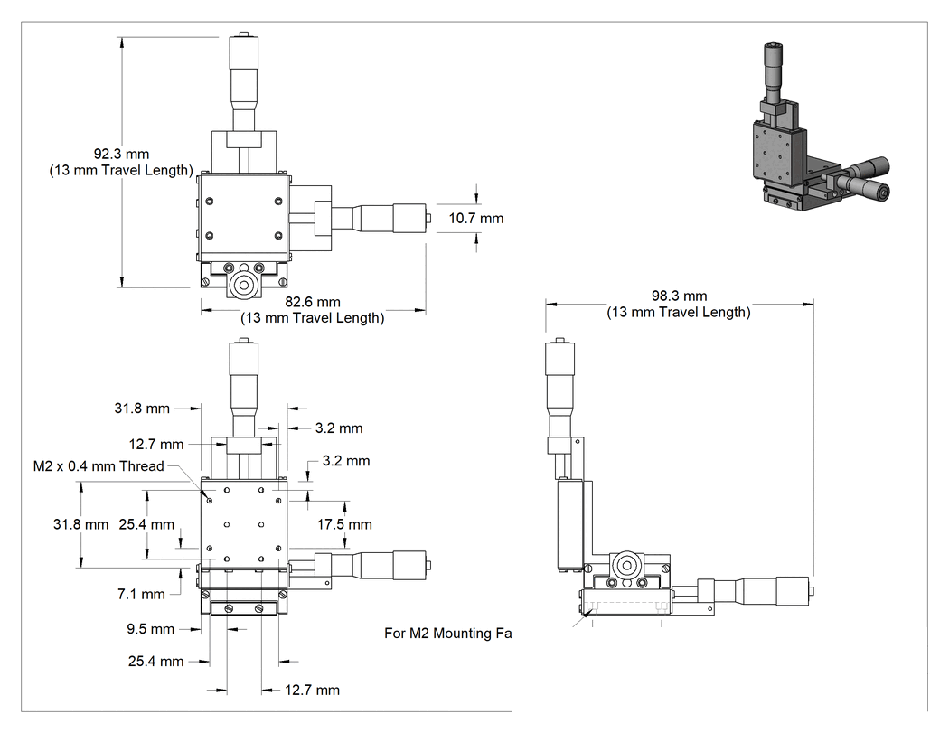 Teknik Çizim - Mikrometreli Konumlandırma Masası, Üç eksenli, 1 lbs. Statik Yük Kapasitesi, 13 mm Hareket Uzunluğu
