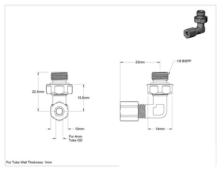 Teknik Çizim - Hava ve Su için Pirinç Sıkıştırma Tüp Bağlantısı, Buna-N O-Ringli Dirsek 4 mm Dış Çaplı Boru x 1/8 BSPP Erkek