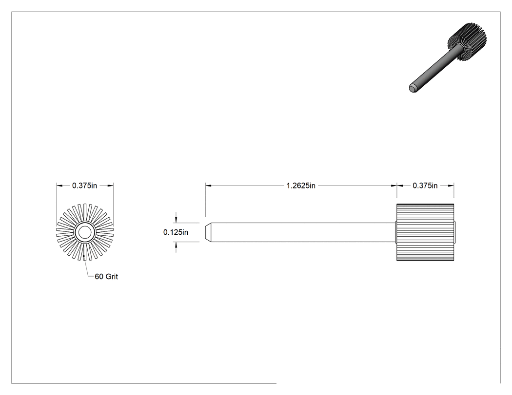 Teknik Çizim - Lamelli Zımpara Çarkı, Pürüzlü Yüzey için Şaft, 60 Kum, 3/8" Çap, 3/8" Genişlik