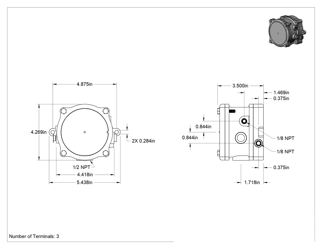 Teknik Çizim - Tehlikeli Ortam Diferansiyel Basınç Şalteri, Hava için, 1/8 NPT Dişi, 0.07-0.15 inç H2O Ayar Noktası