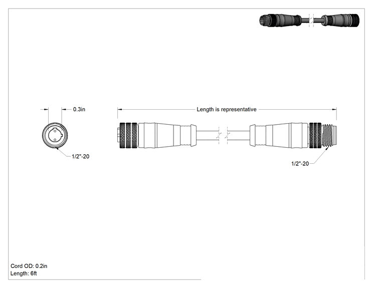 Teknik Çizim - Mikro M12 Kablo, 2 Kutup, 6' Uzunluk, 0.20" Dış Çap