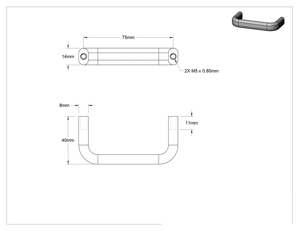 Teknik Çizim - Dişli Delikli Montajlı Çekme Kolu, Oval Tutamak, Parlatılmış 303 Paslanmaz Çelik, 75 mm Merkezden Merkeze Genişlik