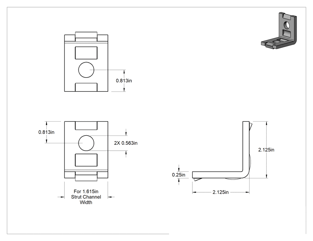 Teknik Çizim - Strut Kanalı Braketi, 90 Derece Açı, Galvanizli Çelik, 2-1/8" x 2-1/8" Uzunluk