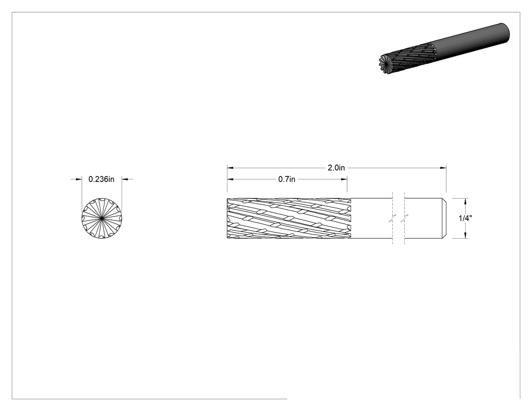 Teknik Çizim - 1/4" Çaplı Şaftlı Karbür Freze Ucu, Düz Kesici Silindir, Ticaret No. Sb-1, Talaş Kırıcılı