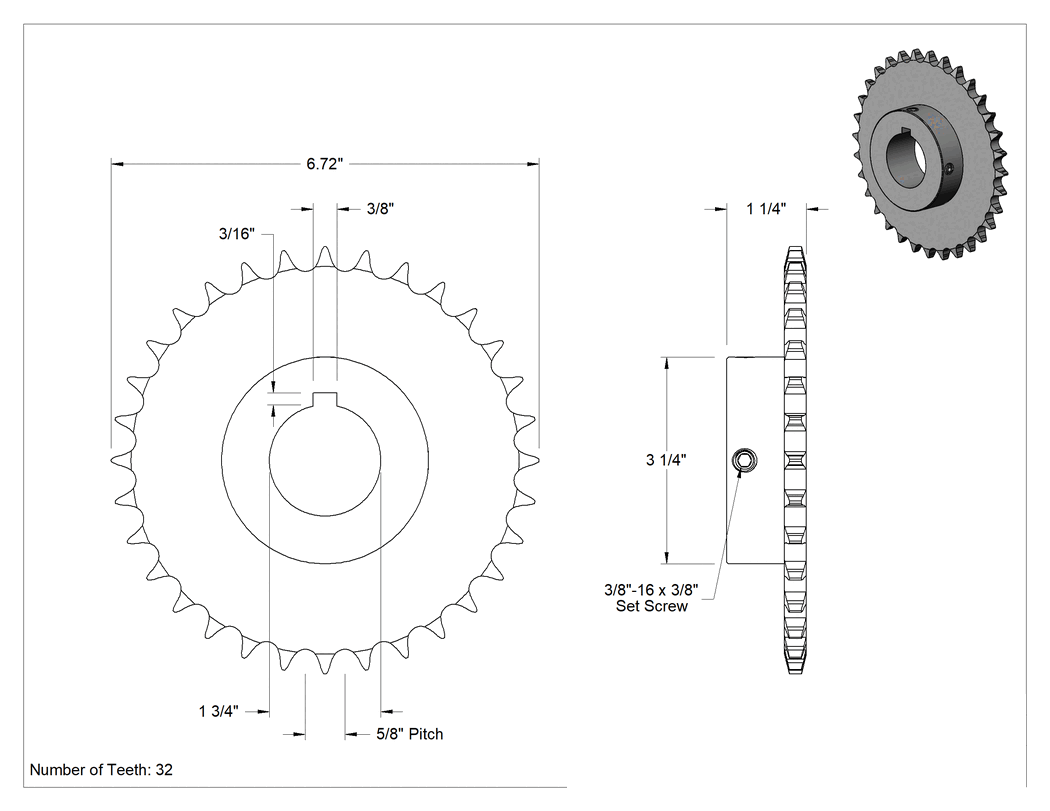 Teknik Çizim - Çelik Tek Sıralı Dişli, ANSI 50 Makaralı Zincir ve 1-3/4" Mil Çapı için, 32 Diş