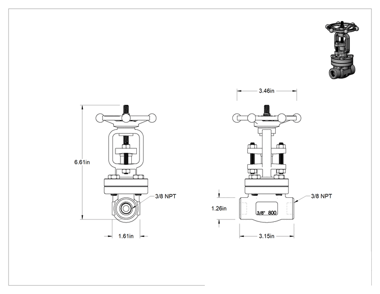 Teknik Çizim - Yüksek Basınçlı Kademeli Açma/Kapama Vanası, Basınç Sınıfı 800, Çelik Tam Geçişli, 3/8 NPT Dişi