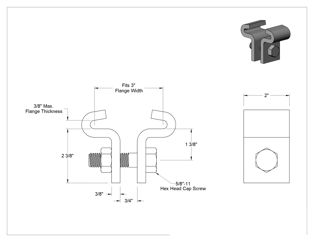 Teknik Çizim - Gijon için Merkez Montajlı Kiriş Kelepçesi, Galvanizli Çelik, 5/8" Minimum Göz Çapı ve 3" Kiriş Genişliği için