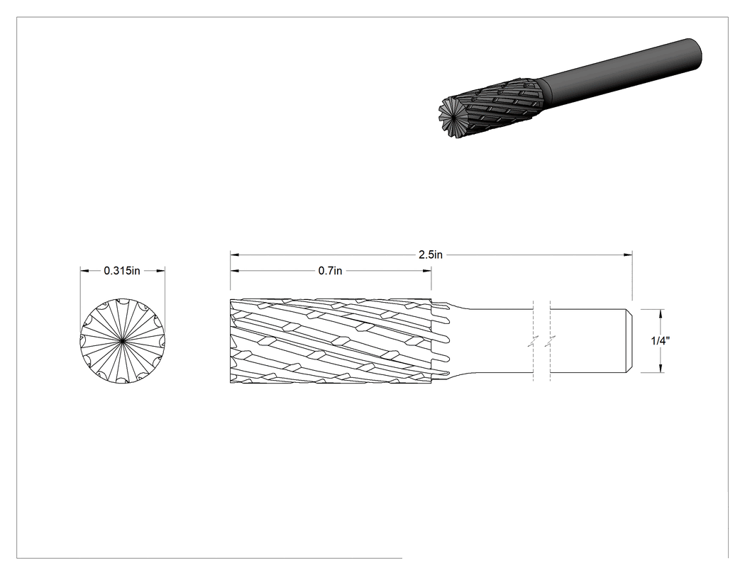 Teknik Çizim - 1/4" Çaplı Şaftlı Karbür Freze Ucu, Düz Kesici Silindir, Ticaret No. Sb-2, Talaş Kırıcılı