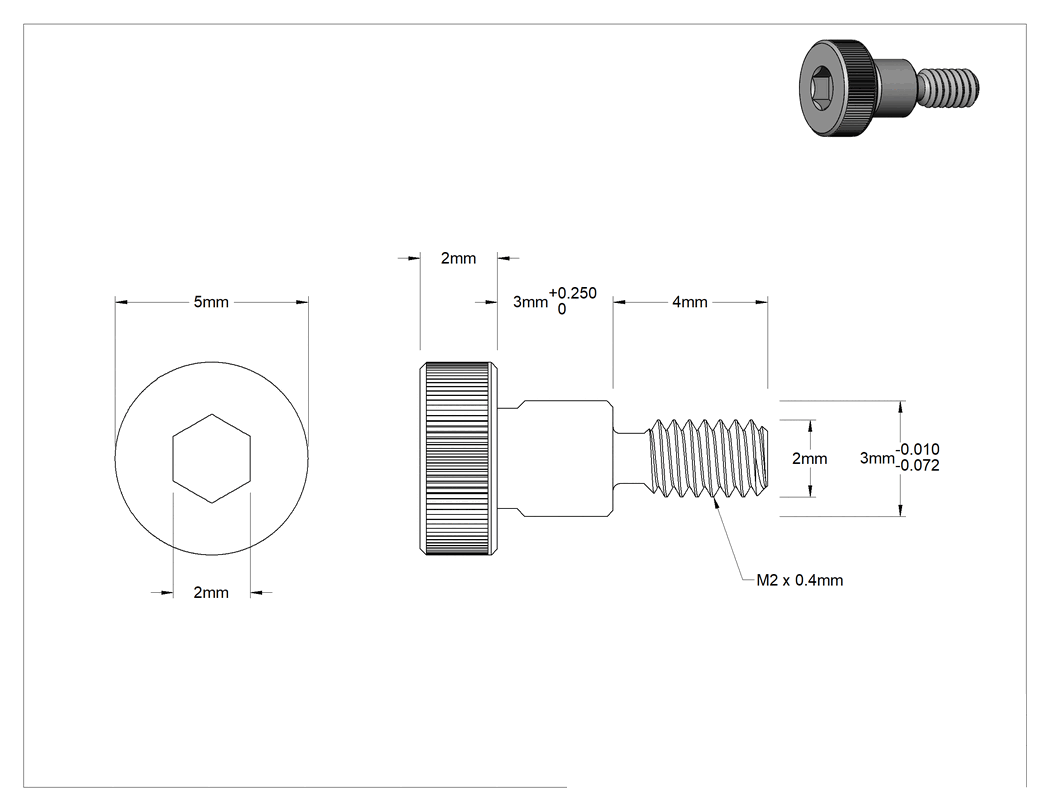 Teknik Çizim - 18-8 Paslanmaz Çelik Omuzlu Vida, 3 mm Çap x 3 mm Uzunluğunda Omuz, M2 x 0.4 mm Diş