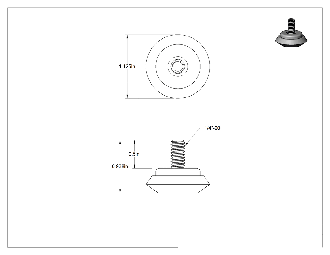 Teknik Çizim - PVC Tabanlı Sert Seviyelendirme Montaj Parçaları, 1/2" Uzunlukta 1/4"-20 Dişli Çinko Kaplı Çelik Saplamalı