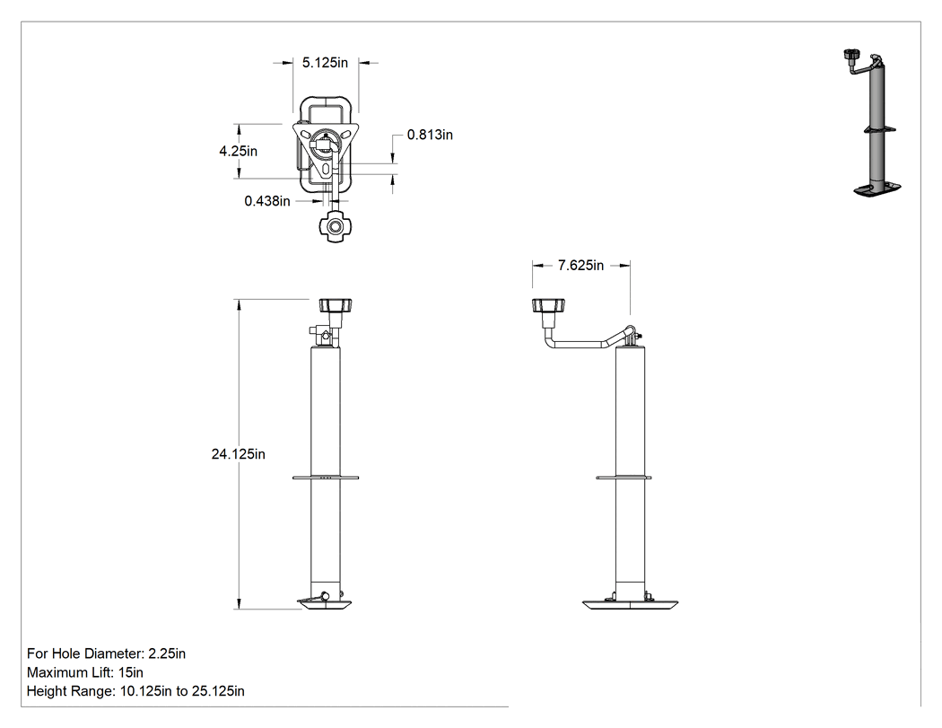 Teknik Çizim - Seviyeleme Krikosu, Üçgen Plakalı Delikli Montaj, 10-1/8" ila 25-1/8" Yükseklik