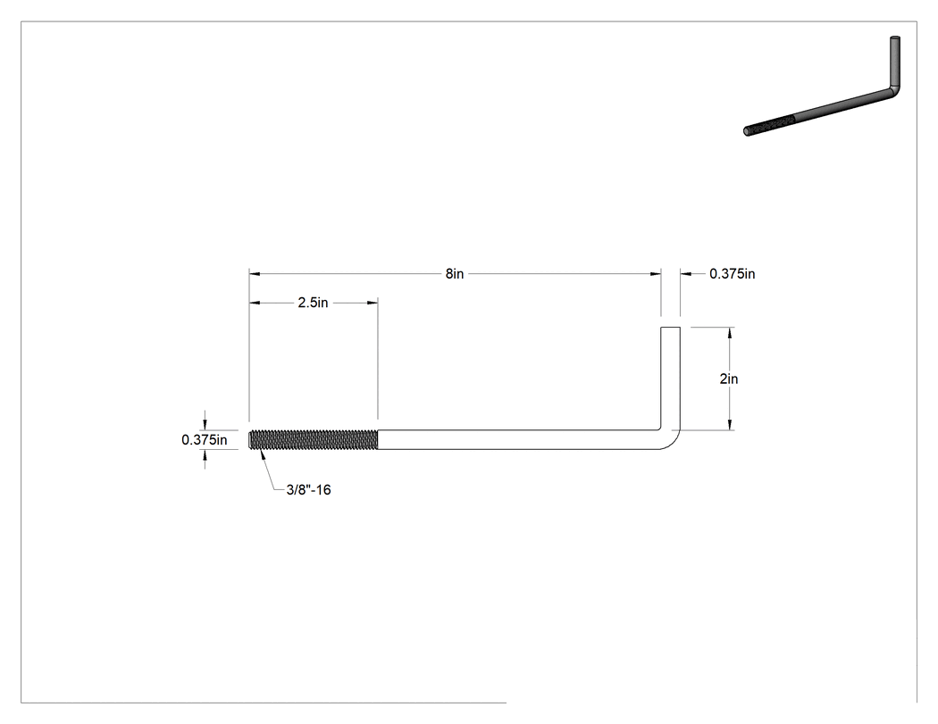 Teknik Çizim - Beton için L Kancalı Ankraj, Sıcak Daldırma Galvanizli Çelik, 3/8" Çap, 8" Uzunluk
