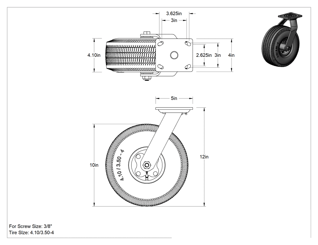 Teknik Çizim - 4-1/2" x 4" Plakalı Tekerlek, Döner, 10" Çapında Siyah Kauçuk Pnömatik Tekerlekli