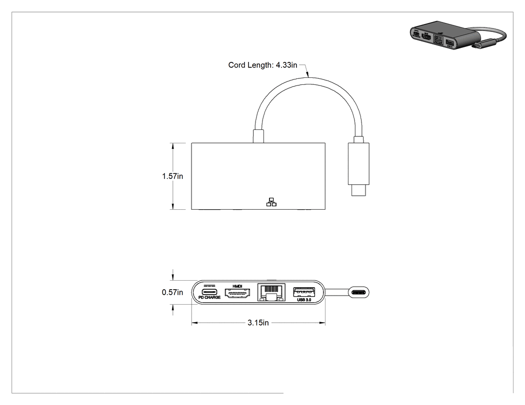 Teknik Çizim - USB Standart 3.2 Gen 1 Hub, Dişi USB A ile Erkek USB C, C, HDMI ve RJ45 Bağlantıları