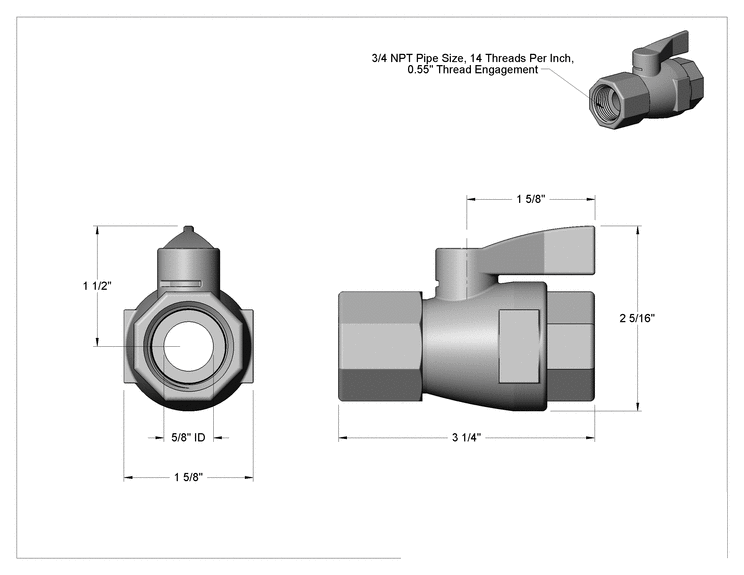 Teknik Çizim - Plastik Dişli Açma/Kapama Valfi, Kompakt, Açık Gri PVC, 3/4 NPT Dişi x 3/4 NPT Dişi