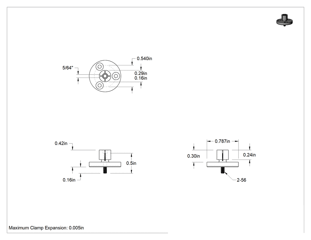 Teknik Çizim - İç Çaplı Sabitleme Kelepçesi, 0.160" ila 0.290" İç Çap için, Üstten Çalıştırmalı