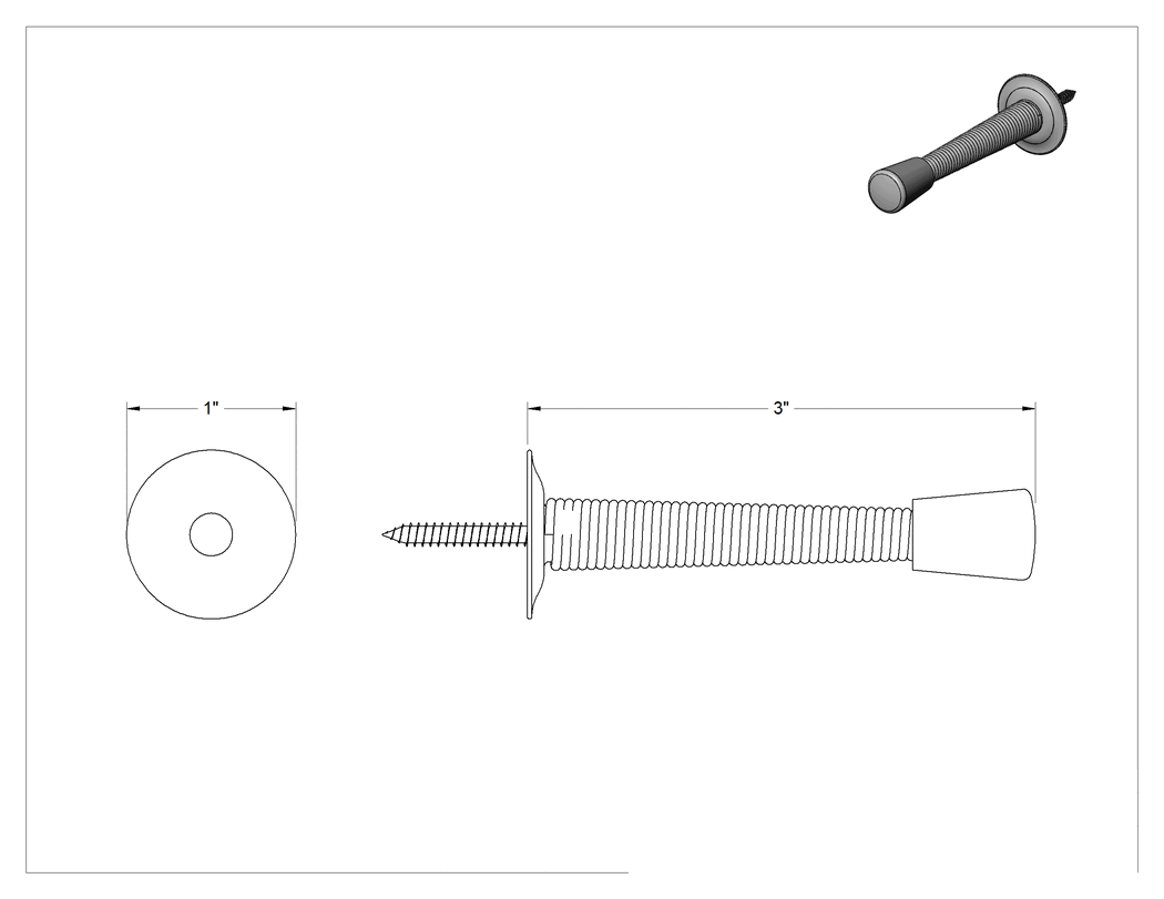 Teknik Çizim - Süpürgelik Montajlı Kapı Durdurucu, Parlak Pirinç Kaplama, Çelik Taban, 3" Çıkıntı