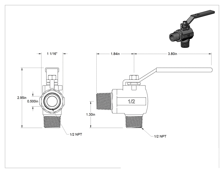 Teknik Çizim - Pirinç Dirsek Açma/Kapama Vanası, Kol Kollu, 1/2 NPT Erkek