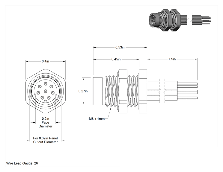 Teknik Çizim - Nano M8 Konektör, Erkek Panel Montajlı Priz 1/2' Tel Uçları, 8 Kutup