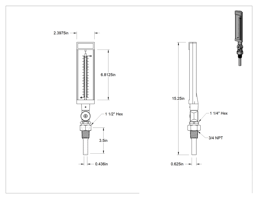Teknik Çizim - Ayarlanabilir Açılı Hızlı Tepkili Termometre, Pirinç Termovell ile NPT Dişi, 110°F Maksimum, 15.75" Yükseklik