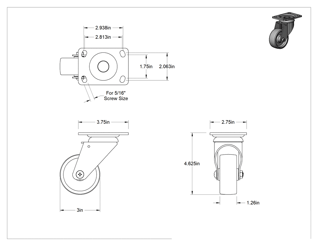 Teknik Çizim - 3-3/4" x 2-3/4" Plakalı Parlak Yüzeyli Tekerlek, 3 inç Çapında Naylon Tekerlekli Döner Tekerlek