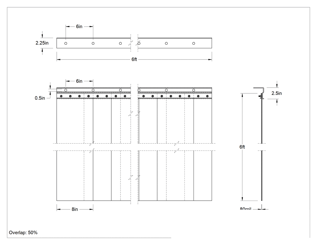 Teknik Çizim - Şeffaf Kaynak Şerit Perdesi, Cıvatalı Braketli, 6 Fit Yükseklik x 6 Fit Genişlik