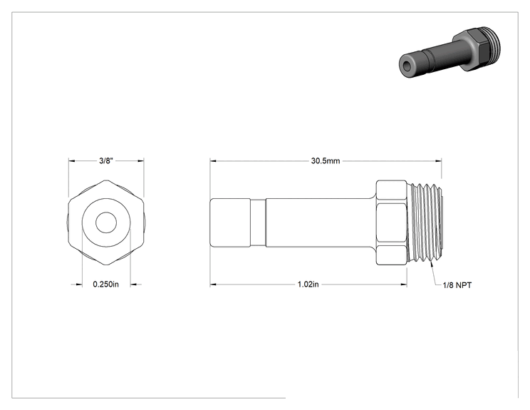 Teknik Çizim - Gıda ve İçecek için Paslanmaz Çelik Bas-Bağlan Bağlantı Parçası, Düz Adaptör 1/4 inç Boru Gövde Dış Çapı x 1/8 NPT Erkek