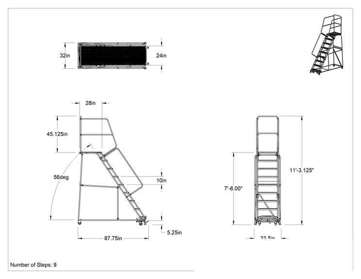 Teknik Çizim - Montajlanmamış Tırtıklı Platformlu Tekerlekli Merdiven, 9 Basamaklı, 7 ft 6 inç Yükseklik x 28 inç Derinlikli Platform, 11'3 inç Toplam Yükseklik