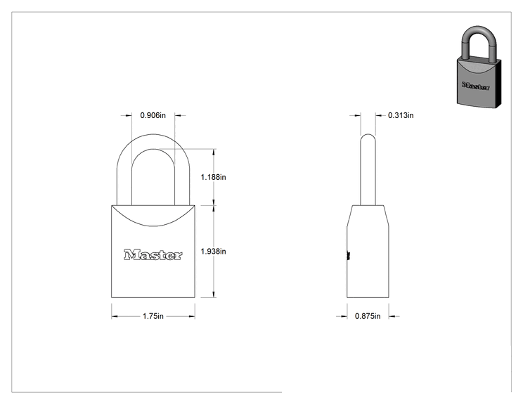 Teknik Çizim - Katı Krom Kaplı Çelik Gövde Asma Kilidi, Ekstra Boşluklu, Master Lock 7040, Aynı Anahtarlı