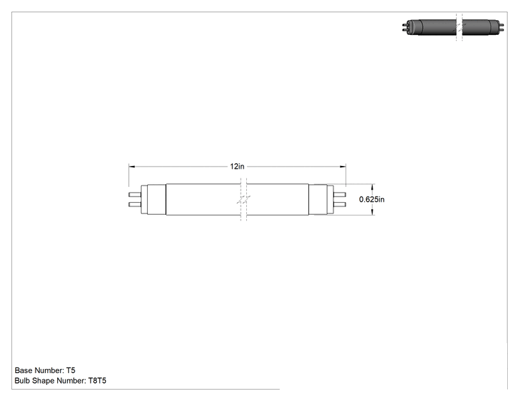 Teknik Çizim - Çift Pimli Tüp Ampuller, T5, 12 inç Toplam Uzunluk, 3000K, 400 lümen, 52 CRI