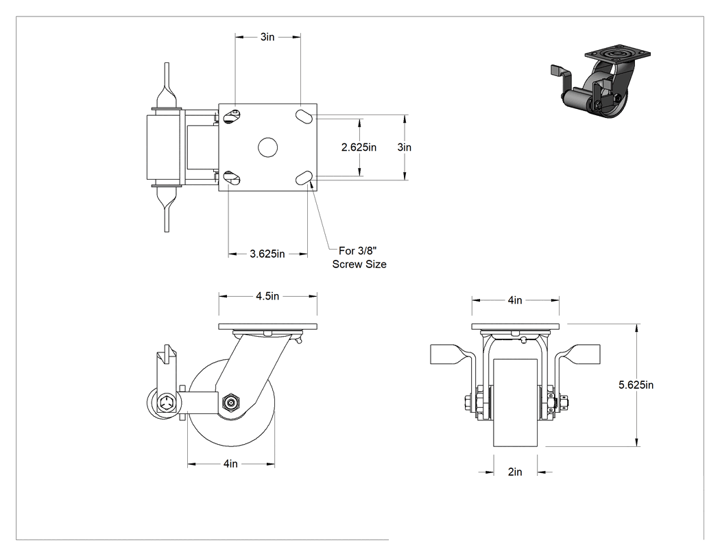 Teknik Çizim - 4-1/2" x 4" Plakalı Yüksek Kapasiteli Spartan Tekerlek, Frenli Döner Tekerlek ve 4 inç Çapında Açık Rulmanlı Metal Tekerlek