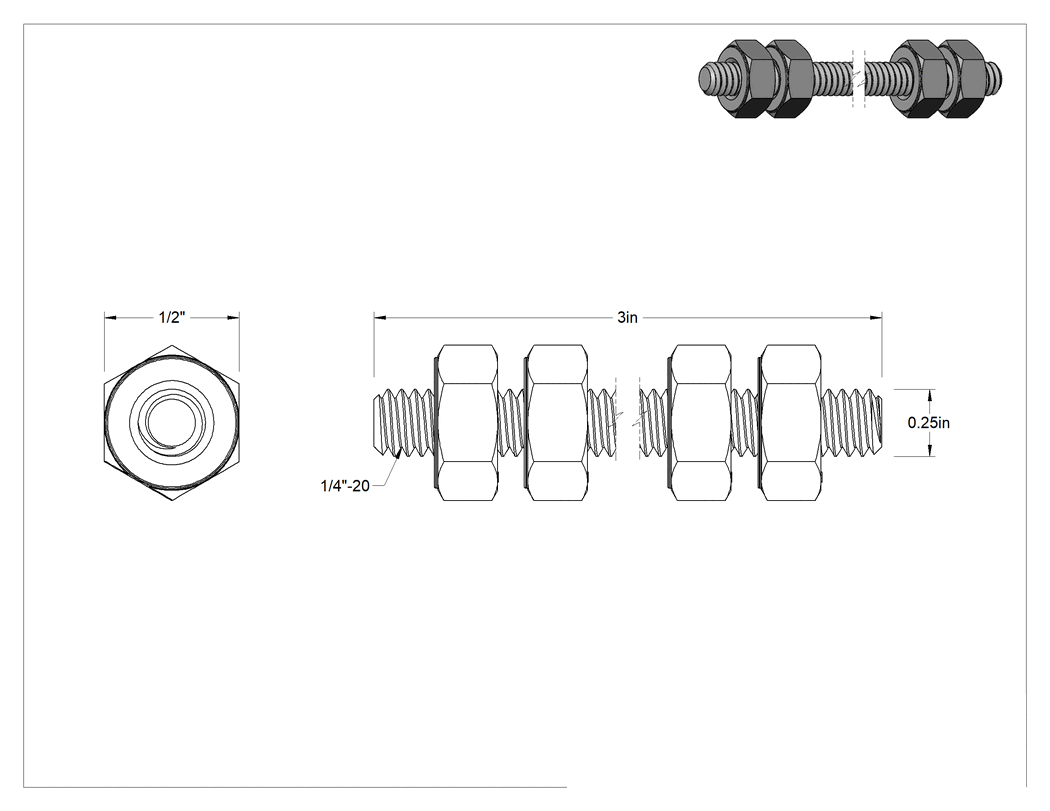 Teknik Çizim - Altıköşe Somunlu Gijon, B7 Sınıfı, 1/4"-20 Diş Boyutu, 3" Uzunluk