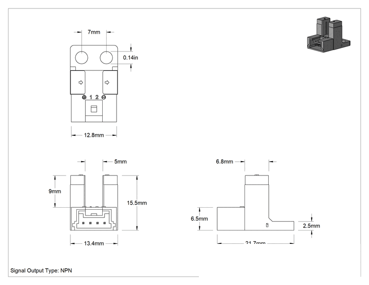 Teknik Çizim - Minyatür Kolay Kurulumlu Fotoelektrik Anahtar, 4 Kutuplu Düz Bıçaklı Fişli, NPN, 22 mm Genişlik, 13 mm Yükseklik